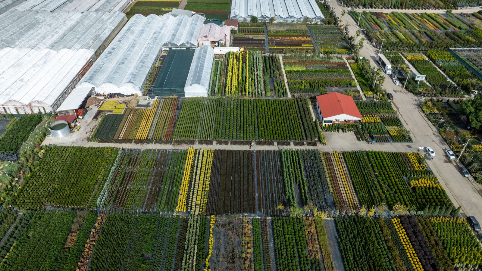 Aerial photograph showing greenhouses and farmland in Yalova, Turkey, highlighting agricultural diversity.