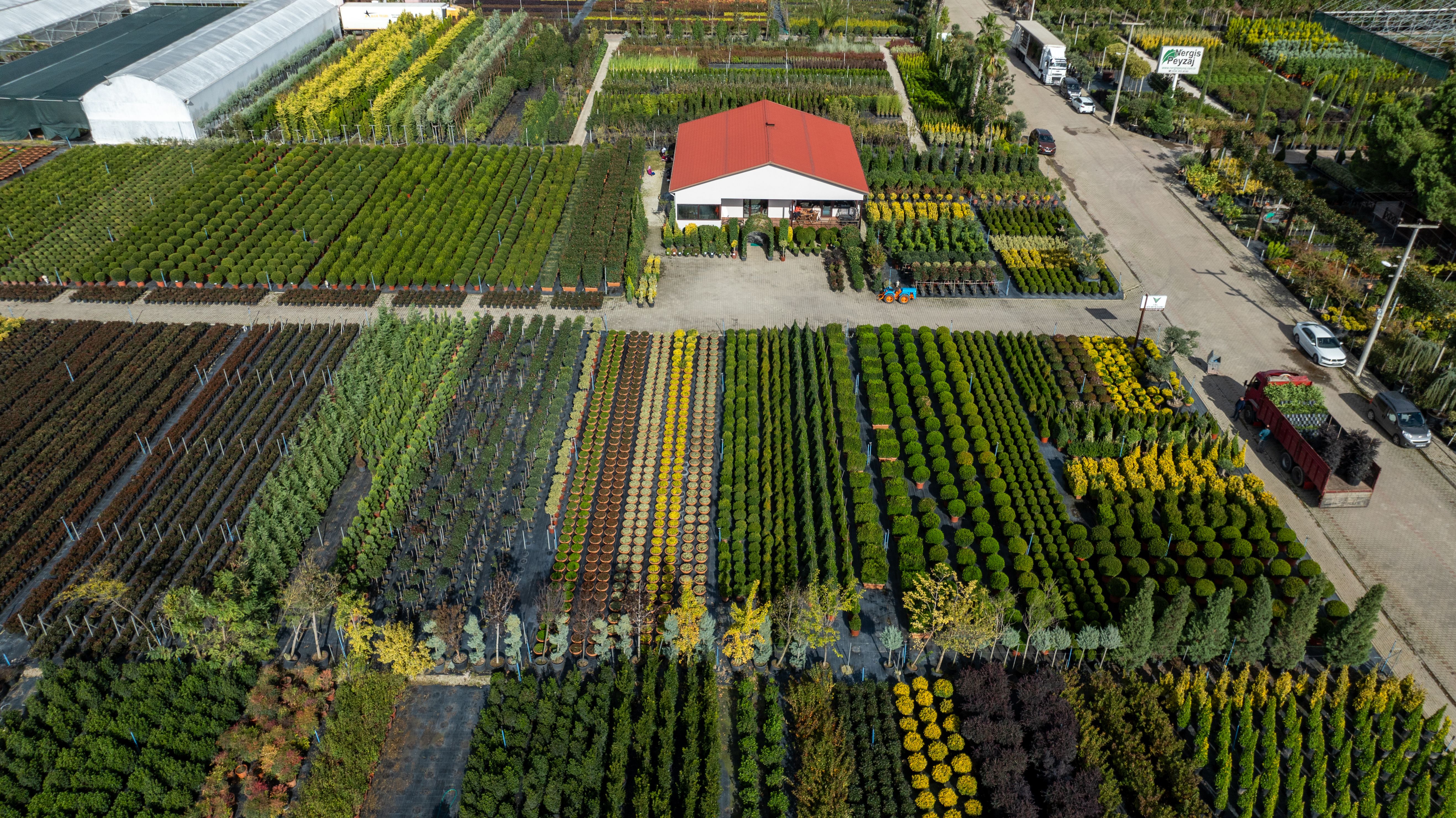 Explore an aerial perspective of a diverse plant nursery in Yalova, Türkiye.
