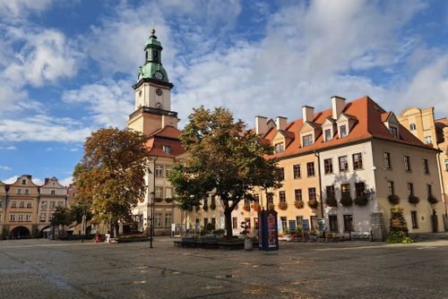 Free Charming view of the Old Town Square and Town Hall in Jelenia Góra, Poland, featuring historical architecture. Stock Photo