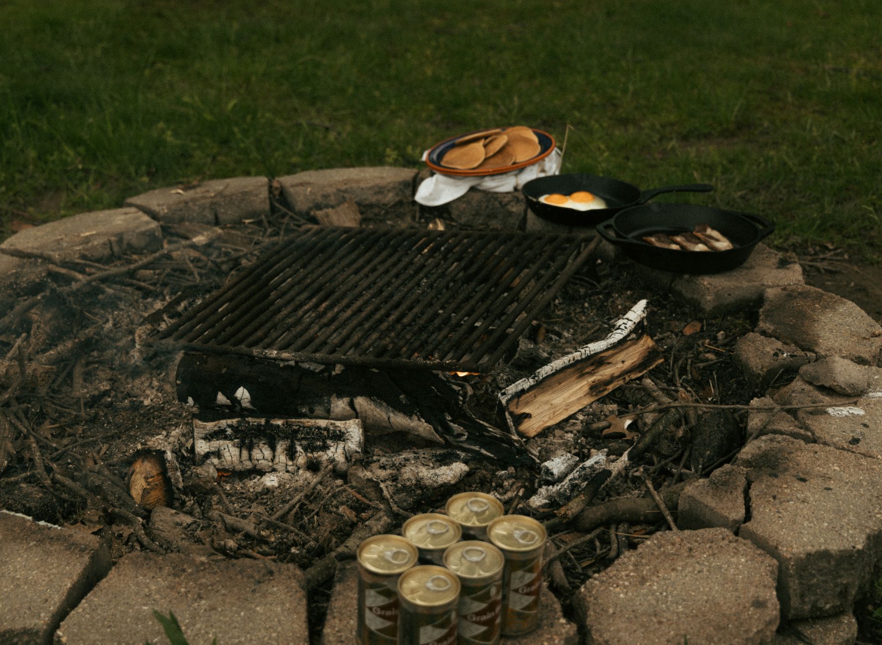 Campfire breakfast with pancakes