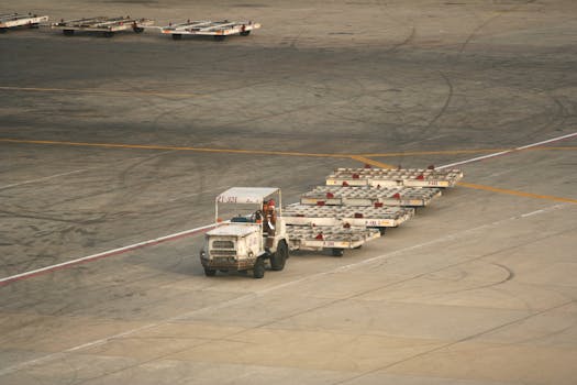 Ground crew vehicle transporting baggage carts on airport tarmac, aerial view.