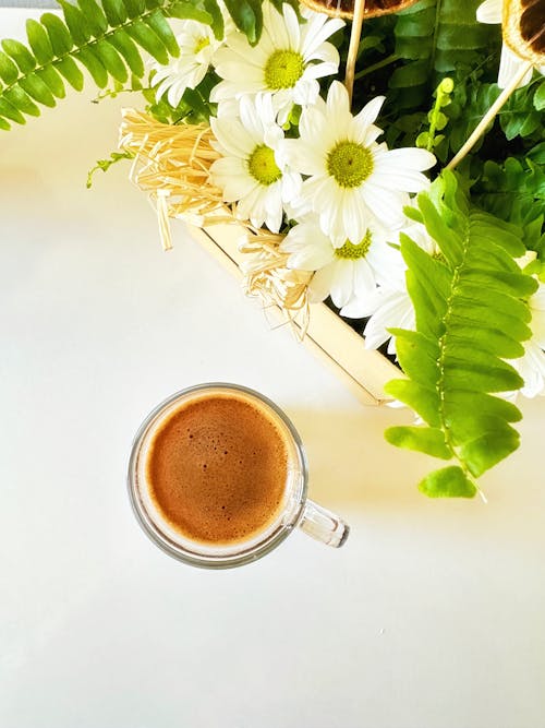 Cup of Coffee with Decoration of Flowers and Fern Leaves