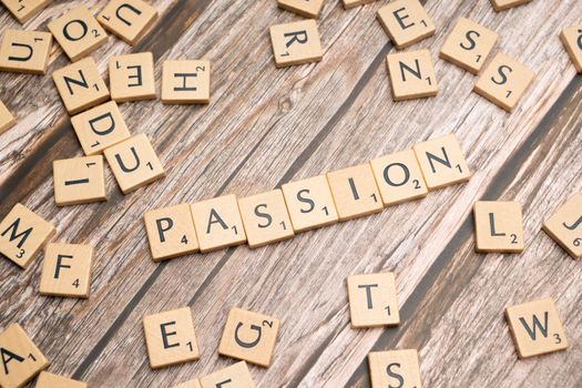 The word passion spelled out in scrabble letters