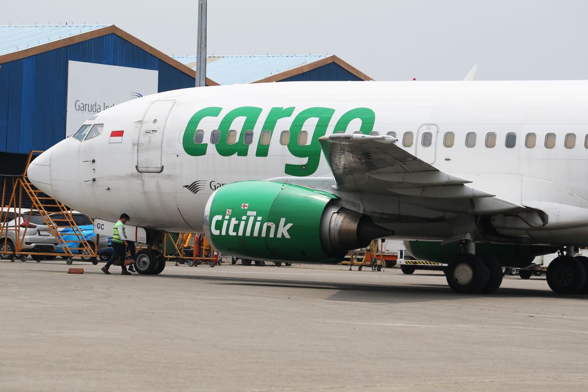 Cargo aircraft on the apron being prepared for loading