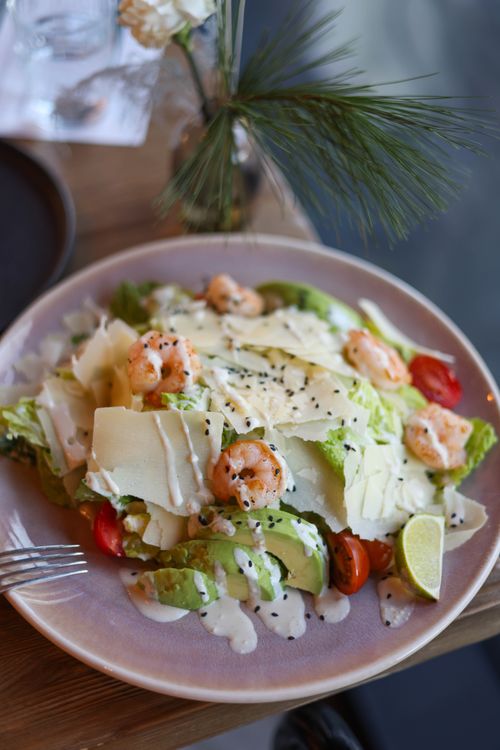 Free Fresh shrimp salad with cheese, avocado, lettuce, and creamy dressing on a plate. Stock Photo