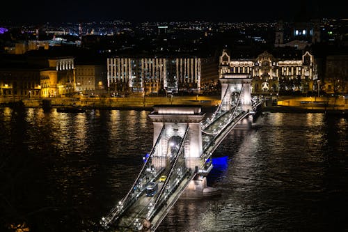 Aerial View of Illuminated Szechenyi Chain Bridge over the River Danube in Budapest, Hungary 