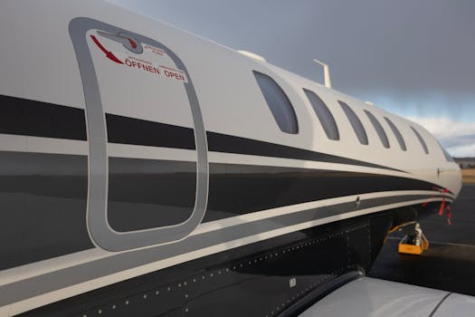 Close-up of a private jet on Sylt Airport runway showcasing sleek design and emergency door signage.