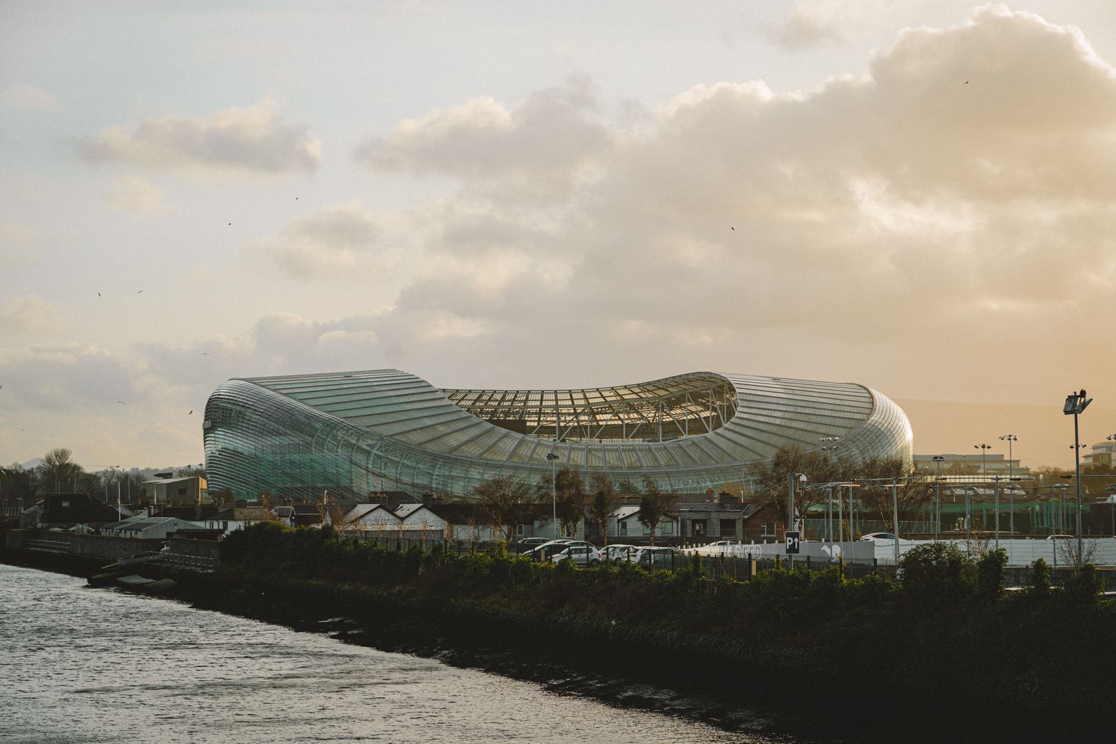 View of Dublin's Aviva Stadium with clouds during sunset