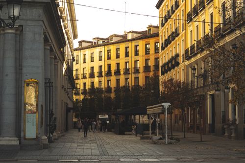 Free Warm sunset over a classic Madrid street lined with historic buildings and trees, capturing urban charm. Stock Photo