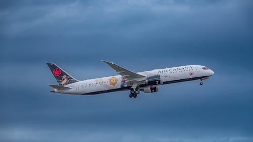 View of Air Canada Boeing Flying against a Cloudy Sky 