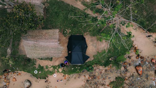 Drone Shot of People Sitting by the Tent near a River 