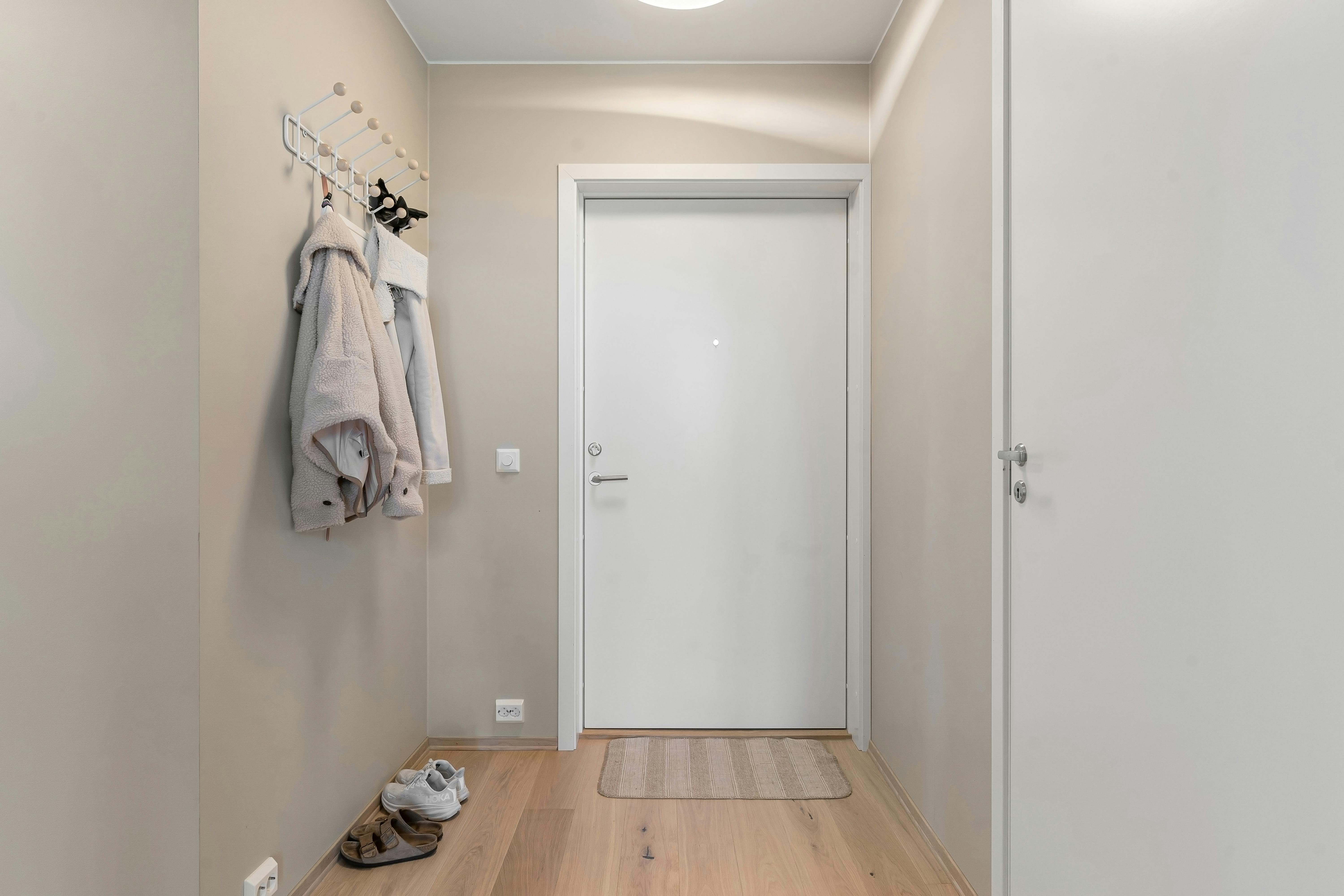 A minimalist apartment entrance showcasing a clean design with wooden flooring and coat hooks.