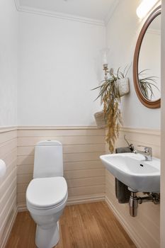 Chic minimalist bathroom featuring a modern white toilet and a stylish rectangular sink against a wooden floor.