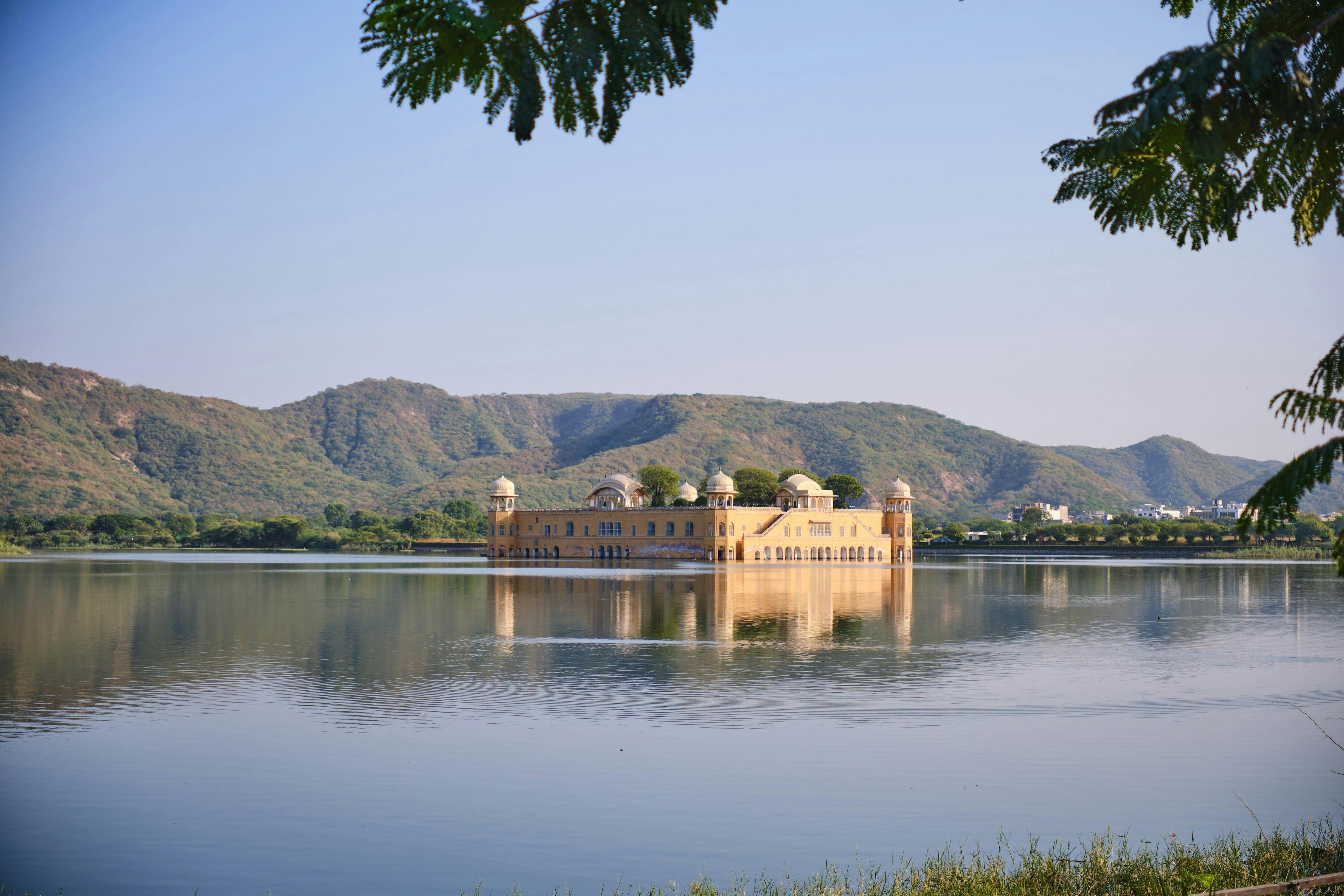 Scenic view of Jal Mahal palace reflecting in Man Sagar Lake, Jaipur, India.
