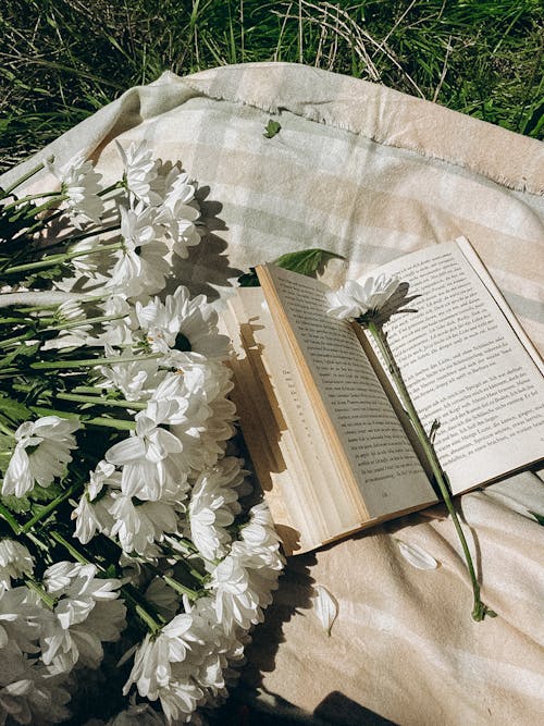 Flowers and Book on Picnic Blanket