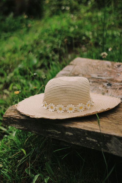 Free Elegant straw hat with daisy garland resting on a rustic wooden bench in a lush green setting. Stock Photo