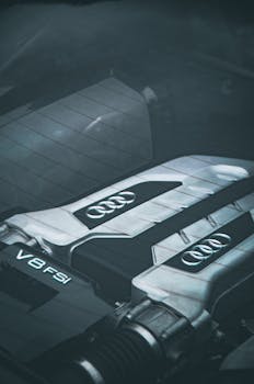 Detailed view of an Audi V8 engine showing the logo and parts in focus.