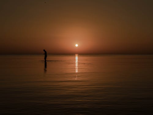 Silhouette of Man in Water on Sea Shore at Sunset