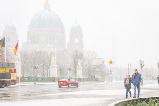 Winter scene in Berlin with snowy streets and pedestrians by Berlin Cathedral.