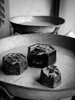 Close-up of vintage metal weights on a kitchen scale in black and white.