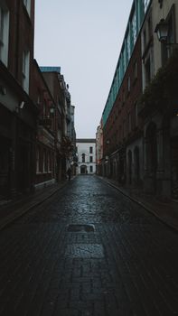 Quiet cobblestone street flanked by old townhouses in a dimly lit, historic urban area.