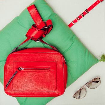 Bright red handbag on green pillow with sunglasses and love bracelet.