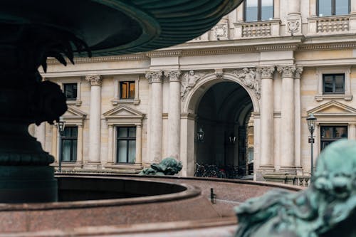 View of a Fountain and the City Hall Entrance in Hamburg, Germany 