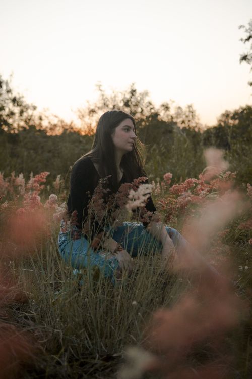 Free Serene portrait of a woman sitting among wildflowers in a meadow at sunset. Stock Photo