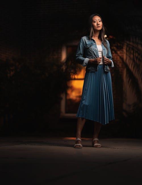 Brunette in Denim Jacket and Long Skirt