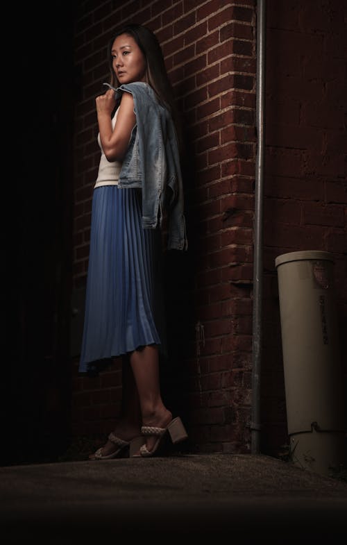 Model Posing in Long Blue Skirt