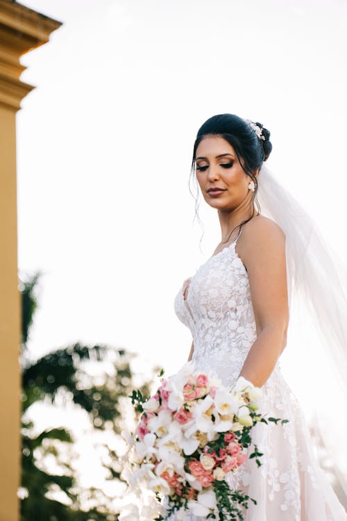 Brunette Bride in Wedding Dress