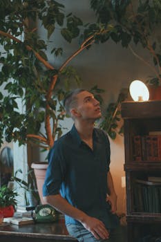 一名年轻人穿着蓝色衬衫，在一间有书架和灯的舒适房间里摆姿势