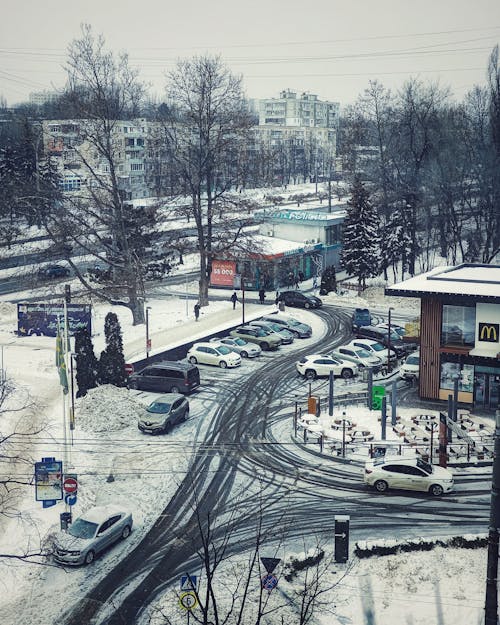 Snow-covered McDonalds Parking Lot