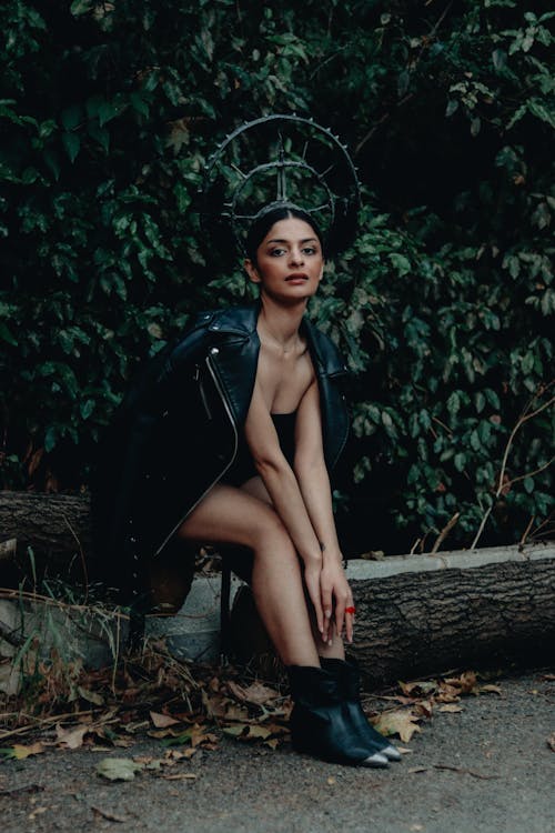 Brunette in Leather Jacket and Headdress