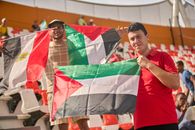 Enthusiastic soccer fans holding Egyptian and Palestinian flags at a sports stadium.