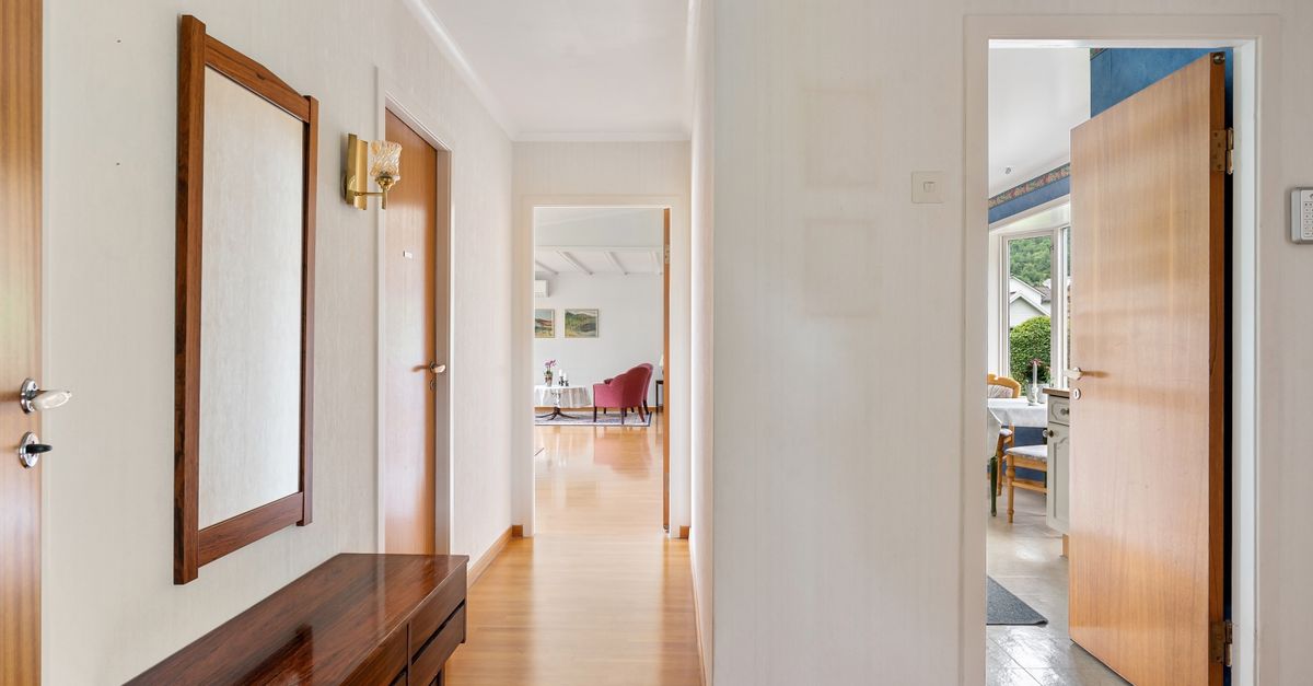 A well-lit modern hallway with open doors leading to a bright living area and garden view.