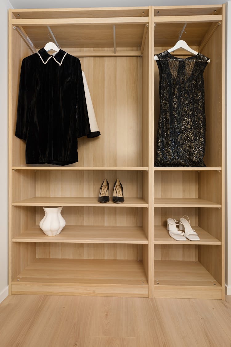 Oak Wood Wardrobe With Clothes And Shoes