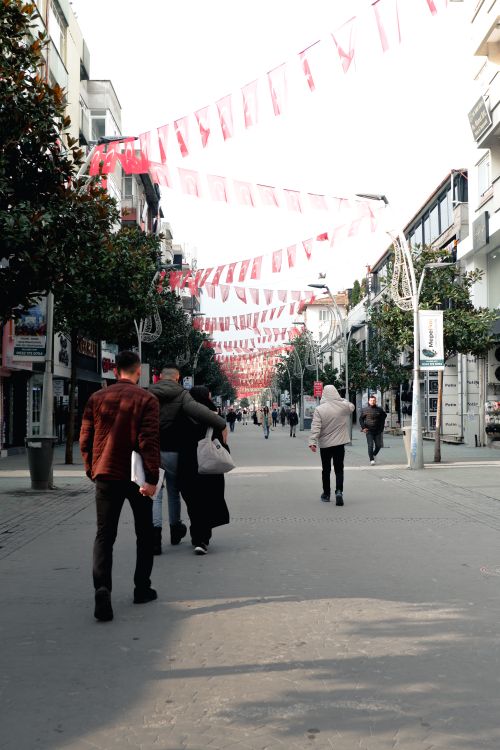 Free Vibrant Turkish street with pedestrians and national flags overhead, capturing urban life. Stock Photo
