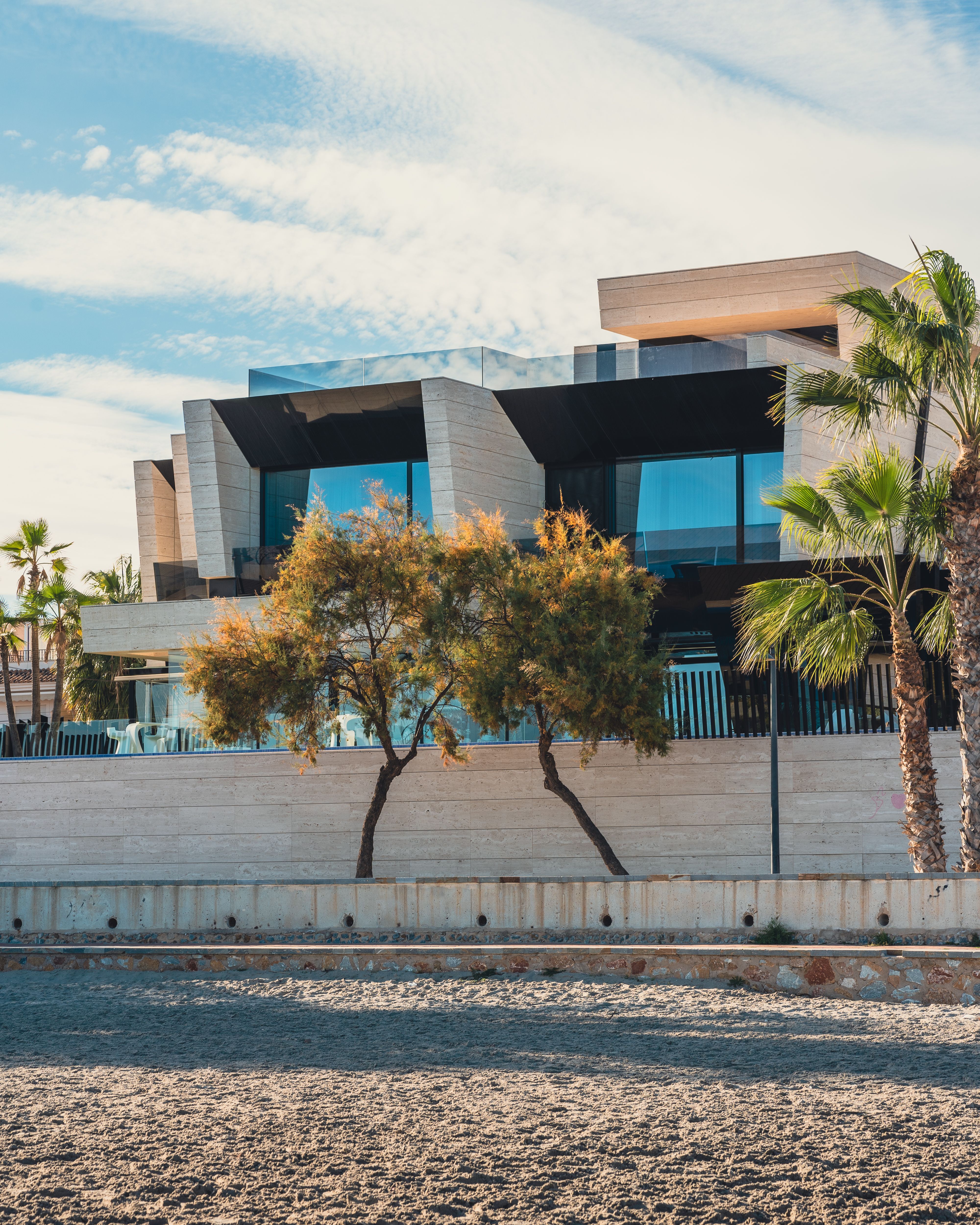 A modern house on the beach with palm trees · Free Stock Photo