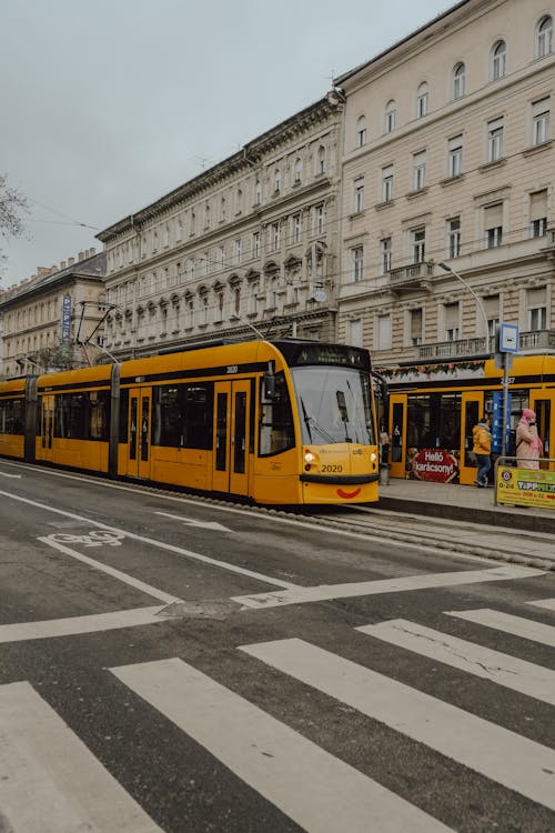View of Yellow Trams on the Street in Budapest