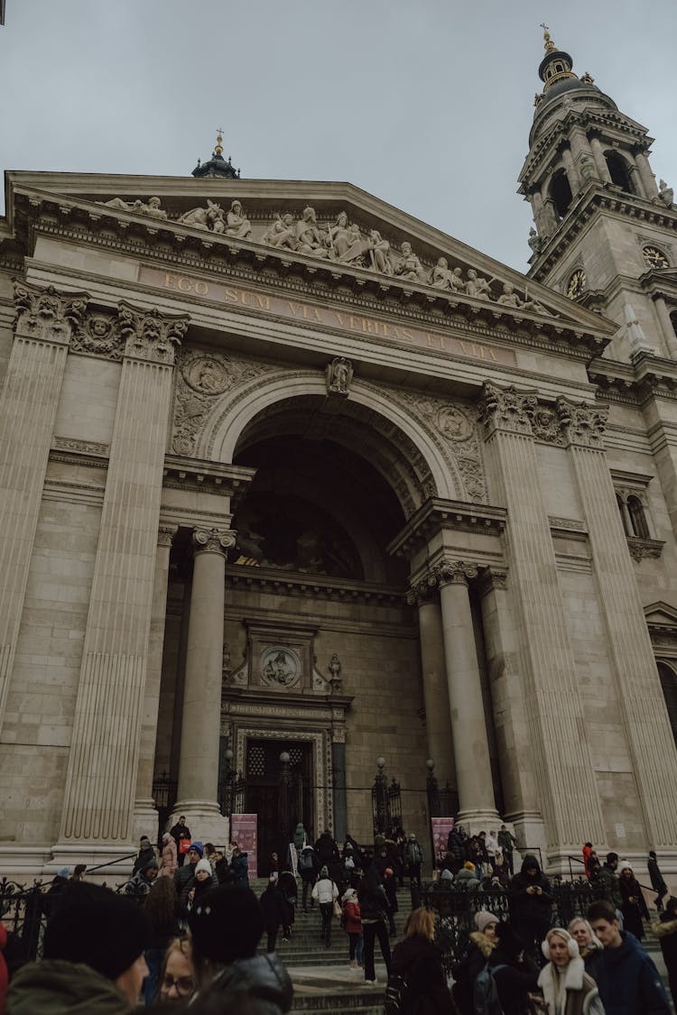 A Crowd In Front Of The St. Stephens Basilica In Budapest, Hungary 