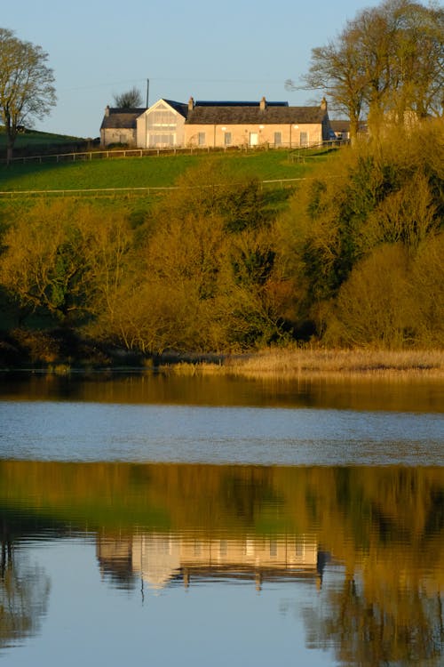 View of a Body of Water and a House on a Hill under Blue Sky 