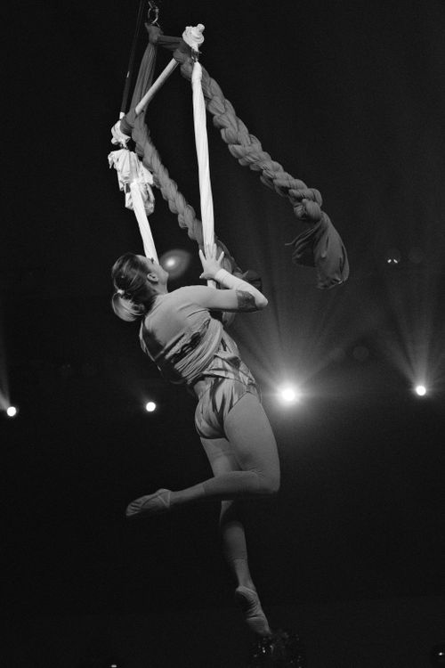 Free A mesmerizing monochrome image of an aerial dancer gracefully performing with ropes. Stock Photo