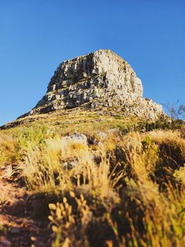 A stunning view of Lions Head mountain peak in Cape Town, South Africa, under a bright blue sky.