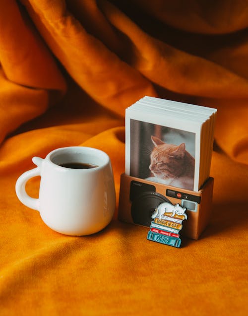 Cup of Coffee and a Box of Polaroid Cat Photos
