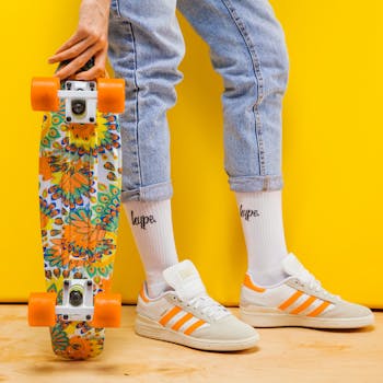 Colorful skateboard and sneakers paired with jeans, reflecting vibrant style and fun fashion.