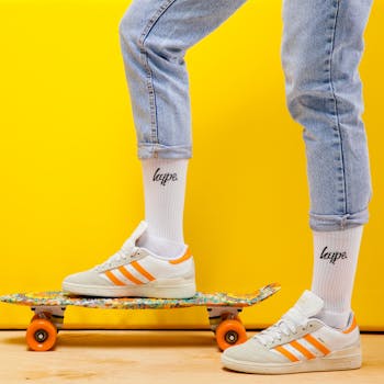 Close-up of colorful sneakers and socks on a skateboard against a vibrant yellow backdrop.