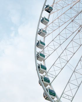 A minimalist view of a ferris wheel set against a cloudy sky, evoking a sense of adventure and nostalgia.