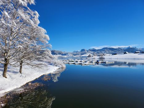 A breathtaking view of a serene lake surrounded by snow-covered trees and mountains.