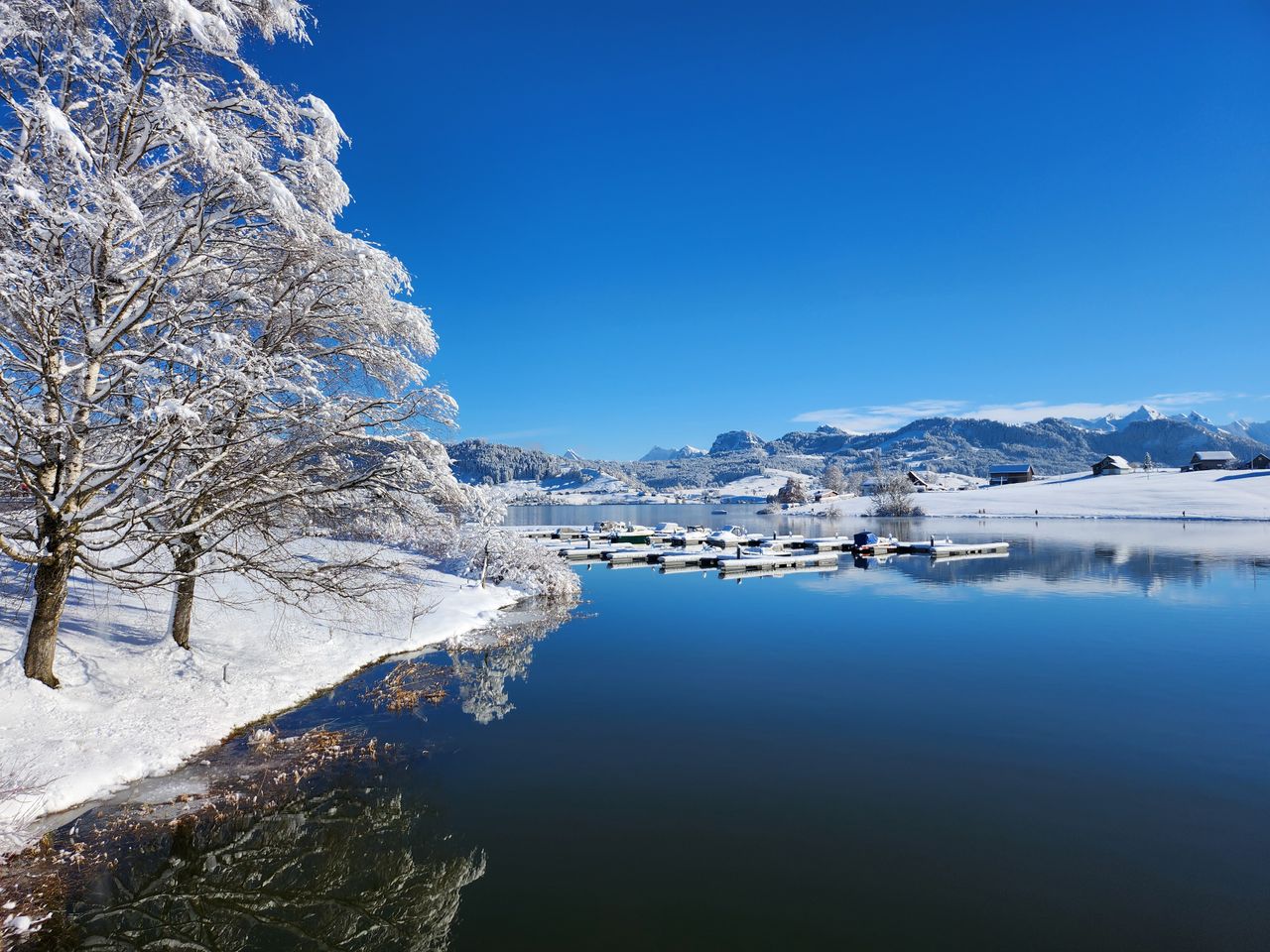a breathtaking view of a serene lake surrounded by snow covered trees